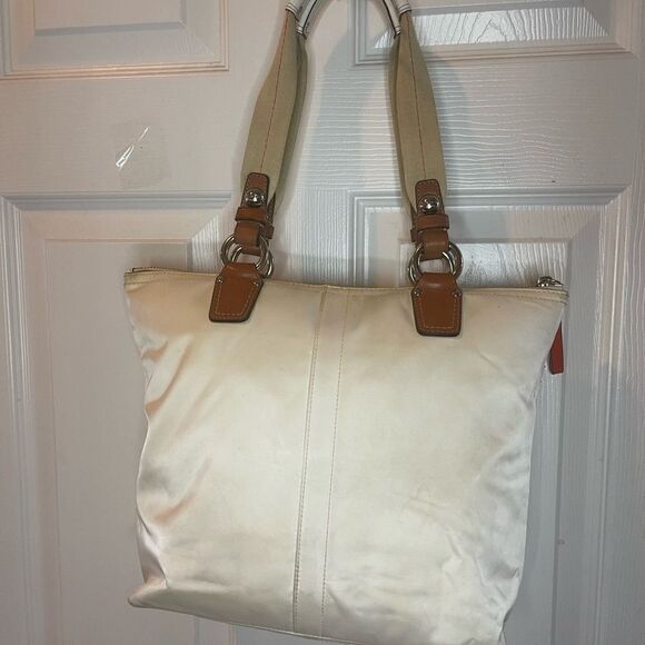 Coach Hampton off white  nylon and leather tan & orange trims satchel - Picture 15 of 15